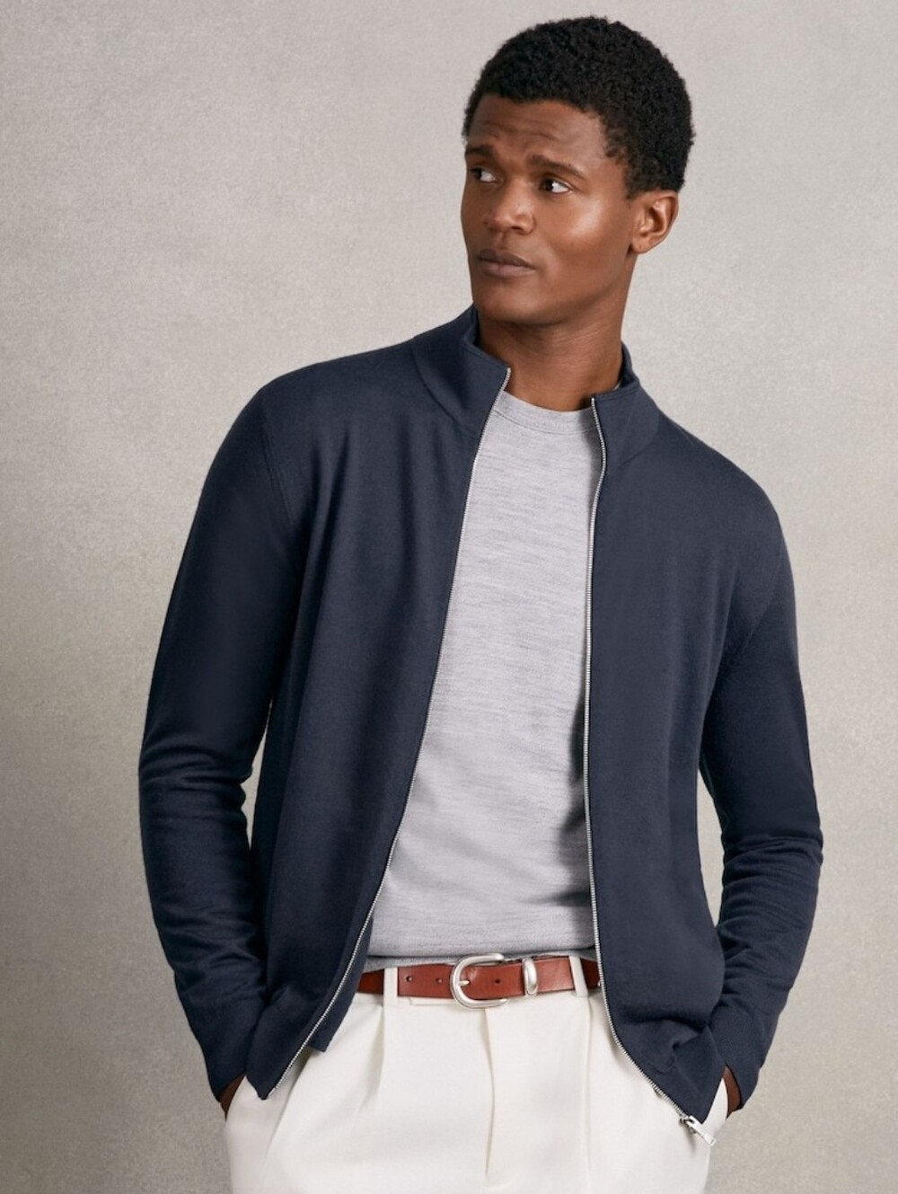 Reiss Hampshire Wool Funnel-Neck Cardigan Navy Mens Medium